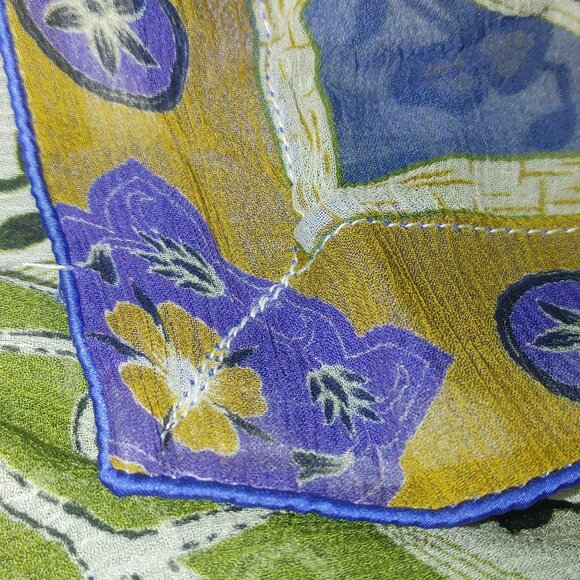 Shawl Wrap Scarf Satin Trim 90 x 42 Multicolor Sheer Floral Geometric Green Blue - Picture 5 of 11